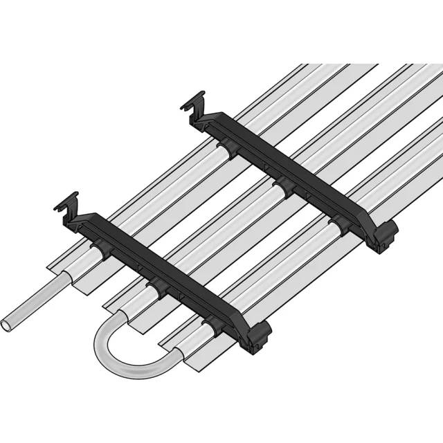 Isometrische Darstellung einer Kabelstützschelle, die mehrere parallele Metallrohre und ein U-förmiges Rohr auf einem Tablett hält.