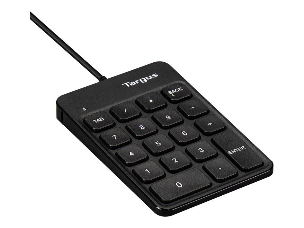 Schwarze kabelgebundene numerische Tastatur von Targus mit 10 Tasten, Eingabe- und Rücktastentasten, auf weißem Hintergrund dargestellt.