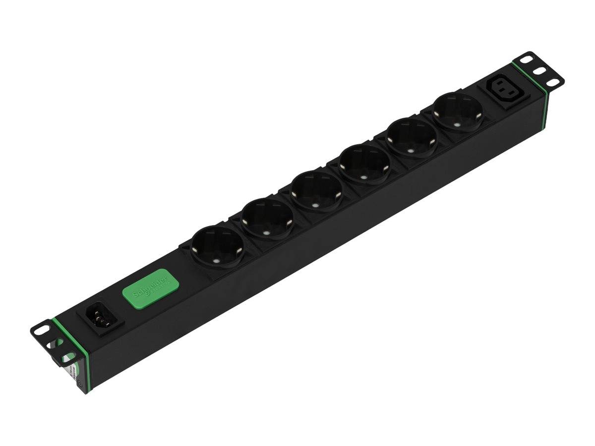 Schwarze Rack-Mount-Steckdosenleiste mit mehreren AC-Steckdosen, einem Stromschalter und Montageklammern auf weißem Hintergrund.