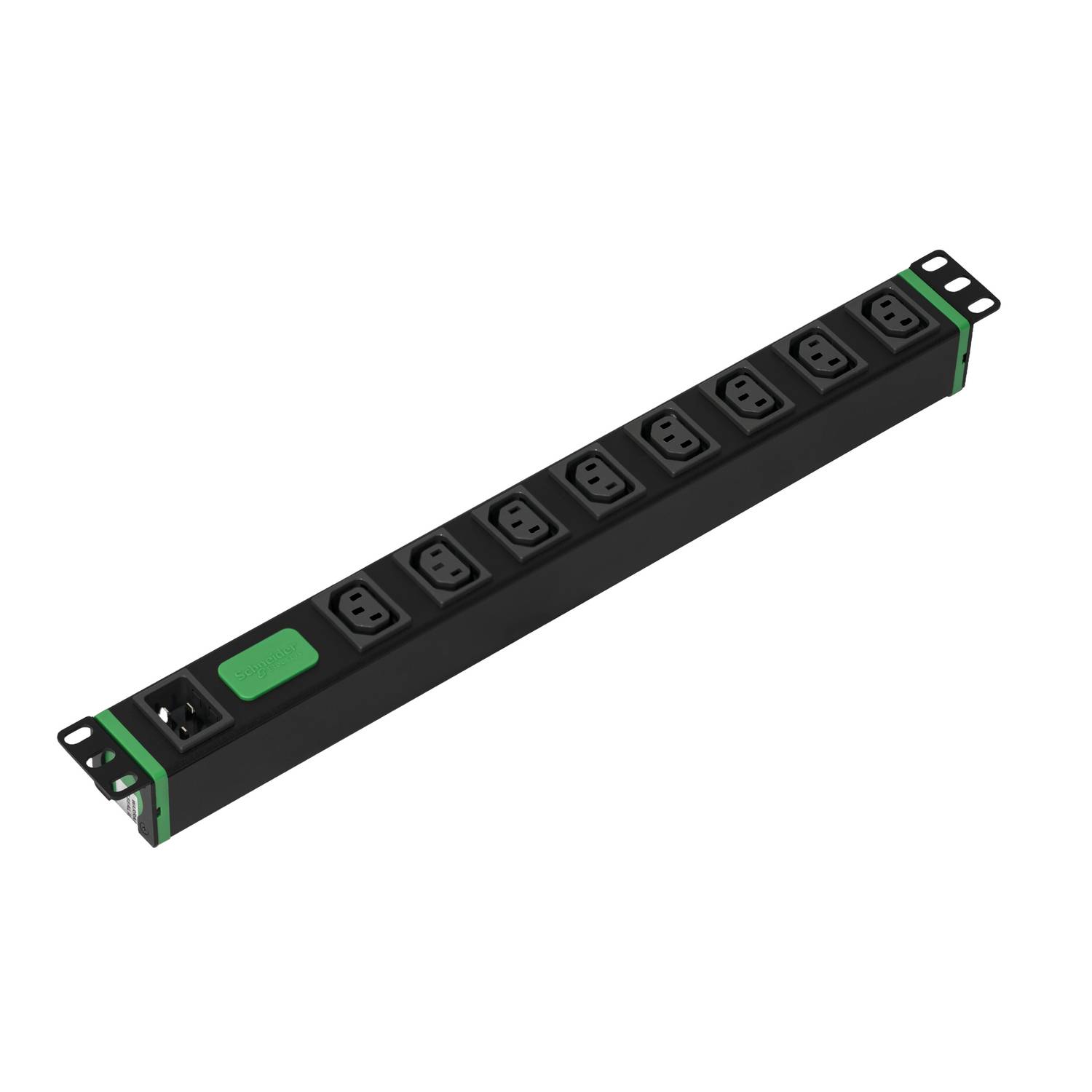 Schwarze Rack-montierte Stromverteilungseinheit mit mehreren AC-Steckdosen und einem grünen Netzschalter, auf weißem Hintergrund dargestellt.