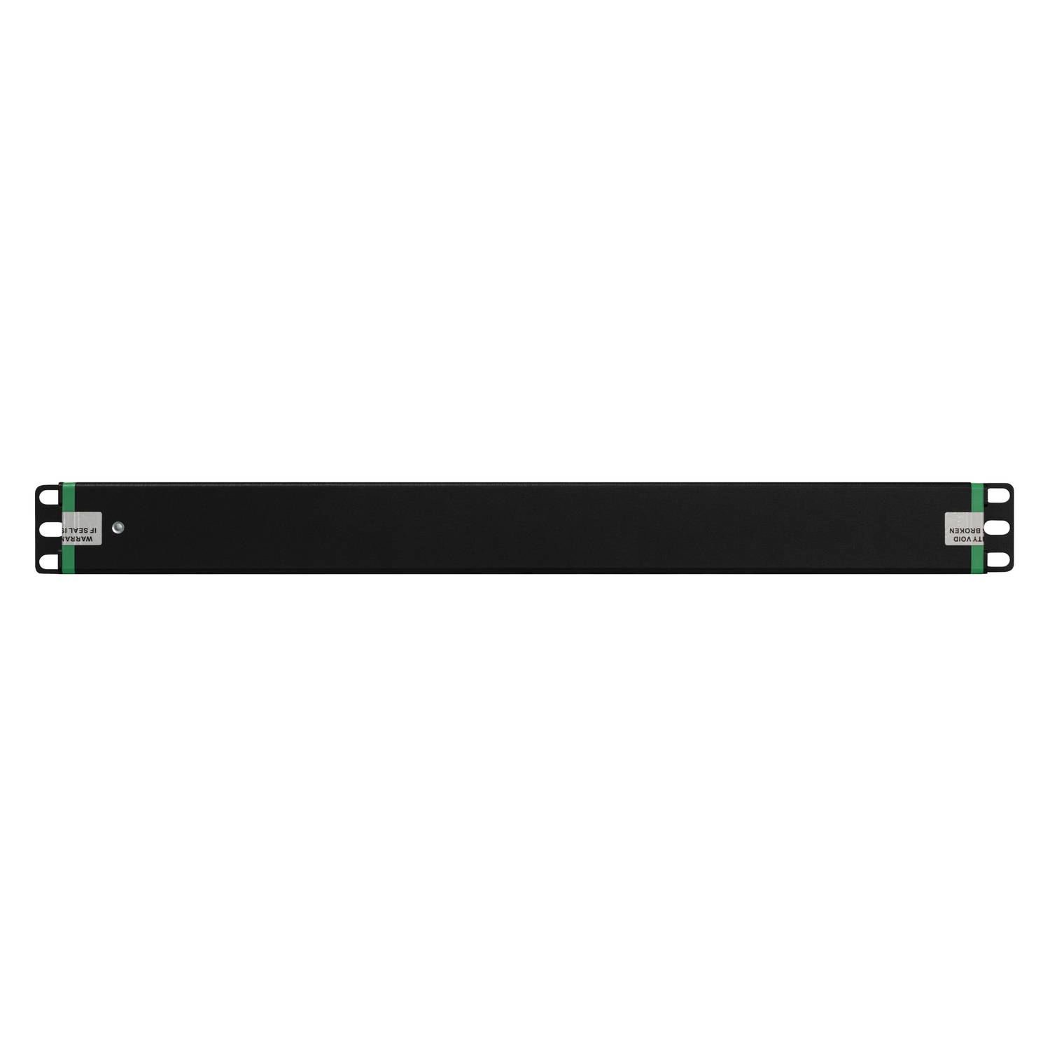Schwarzes rechteckiges Rack-Mount-Panel mit Steckerenden und kleinen Beschriftungen auf beiden Seiten, gezeigt vor weißem Hintergrund.