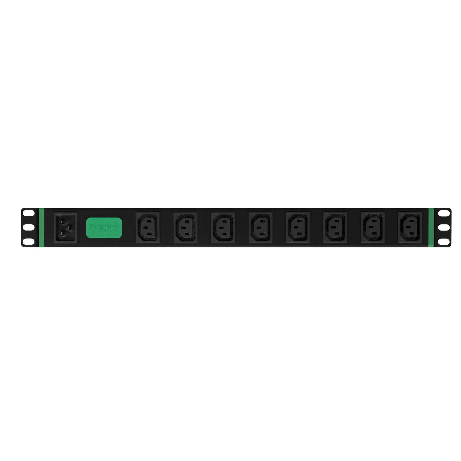 Horizontale Rack-Mount-Stromverteilungseinheit mit einem Schalter, grüner Kontrollleuchte und neun Steckdosen auf einer schwarzen Leiste