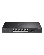 Ein schwarzer Ethernet-Netzwerk-Switch mit fünf vorderen Anschlüssen und Statusleuchten auf weißem Hintergrund.