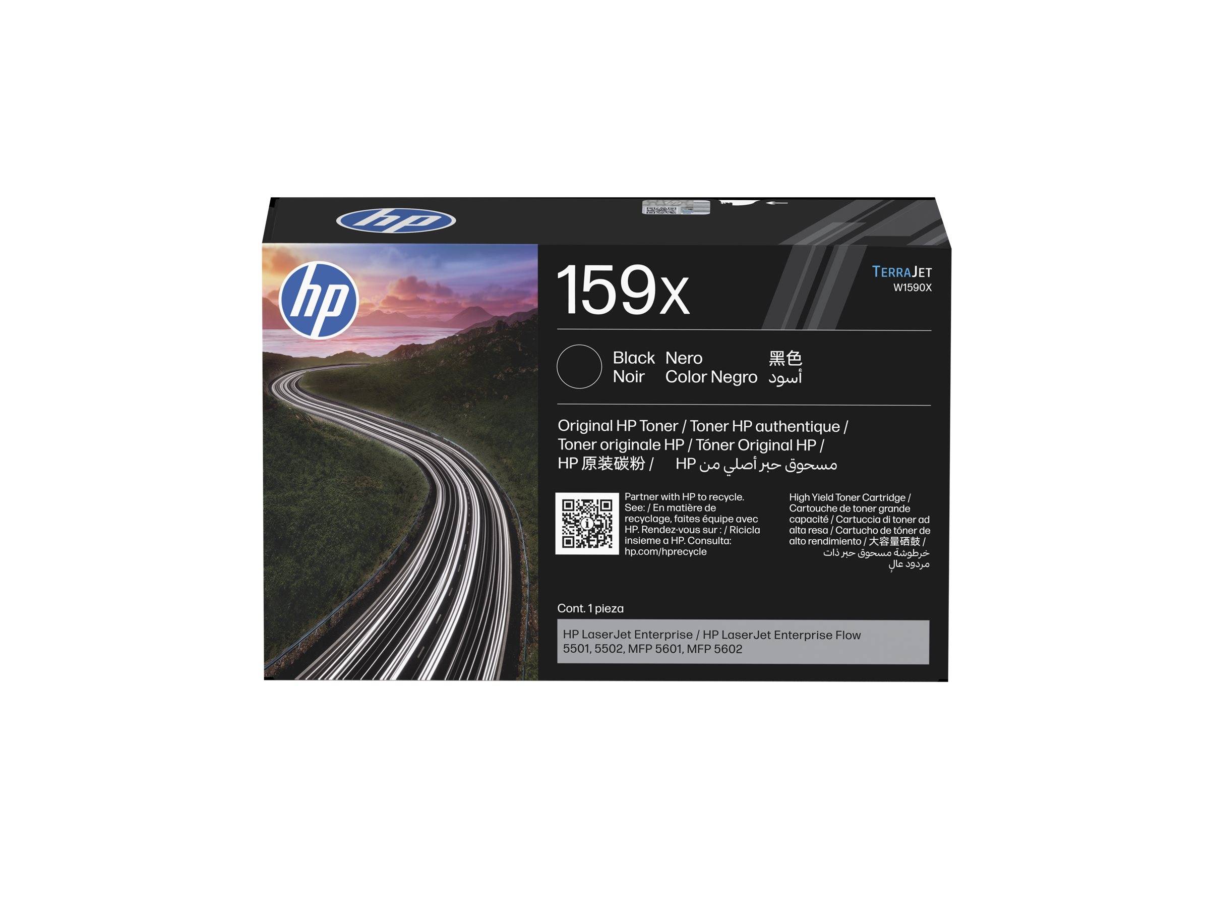 HP 159X Schwarz-Tonerpatrone mit Straßenbildern und Produktkennzeichnung für HP LaserJet-Drucker.