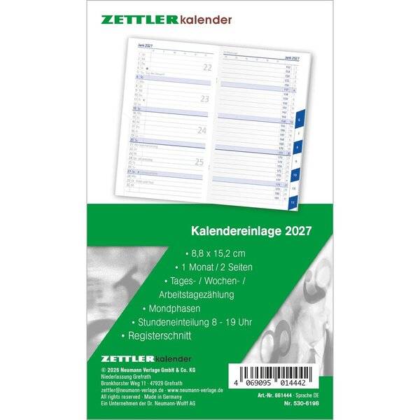 Kalenderersatzeinlage 530 8,8x15,2cm für Taschenplaner 1 Monat/2 Seiten Registerschnitt 2027