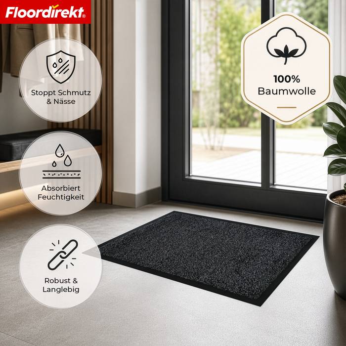 FLOORDIREKT Schmutzfangmatte Karat - Waschbare Sauberlaufmatte mit rutschfester TPE-Rückseite - Grau - 40 x 60 cm