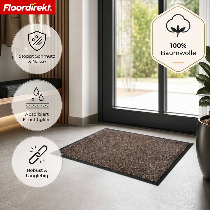 FLOORDIREKT Schmutzfangmatte Karat - Waschbare Sauberlaufmatte mit rutschfester TPE-Rückseite - Braun - 50 x 80 cm