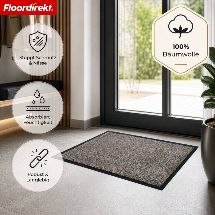 FLOORDIREKT Schmutzfangmatte Karat - Waschbare Sauberlaufmatte mit rutschfester TPE-Rückseite - Beige - 50 x 80 cm