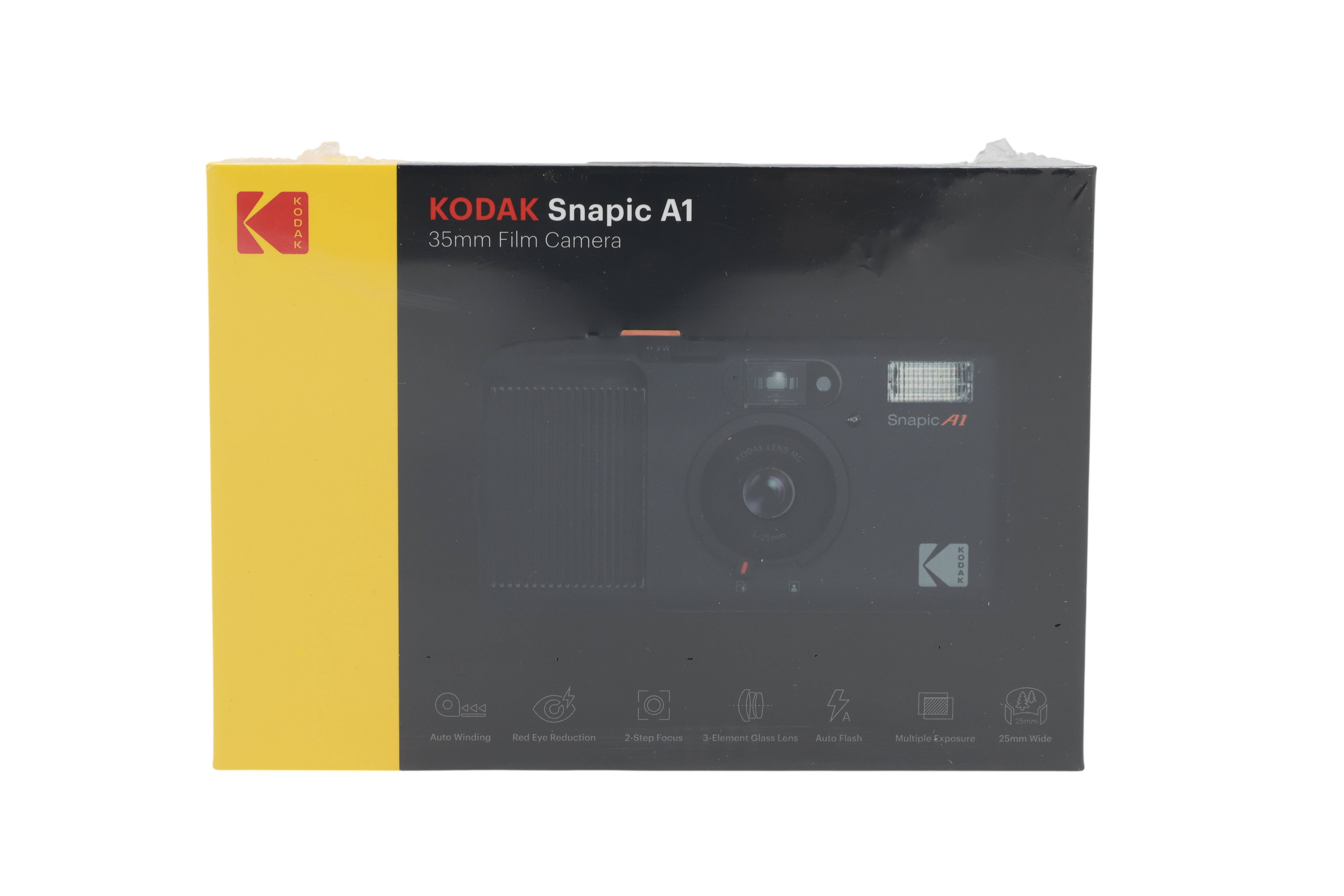 Kodak Snapic A1 35-mm-Filmkamera-Box, schwarze und gelbe Verpackung mit Kamerabild auf der Vorderseite.