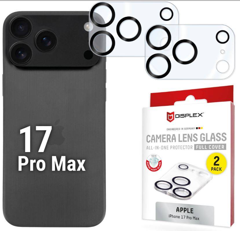 Produktbild einer iPhone 17 Pro Max Schutzhülle und eines DISPLEX Schutzglases für die Kamera im 2er-Pack, mit schwarzen Linsenringen und Kompatibilität mit Apple iPhone 17 Pro Max.