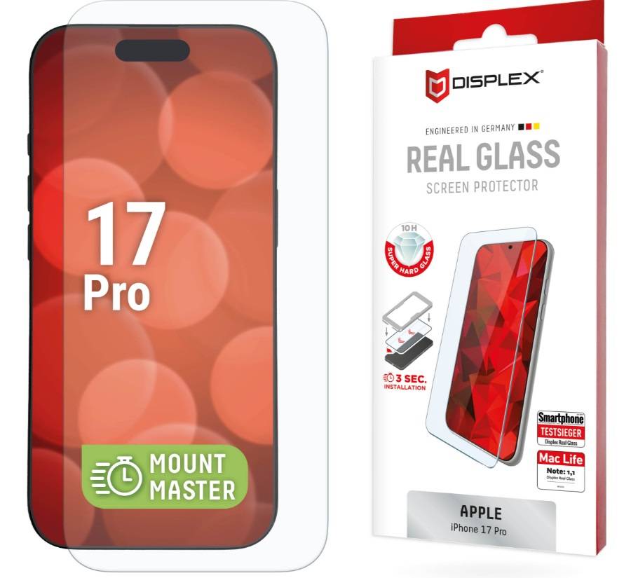 Verpackung für einen Displex Echtglas-Displayschutz für Apple iPhone 17 Pro, dargestellt mit einem Telefon-Mockup und roter Schutzfolie.