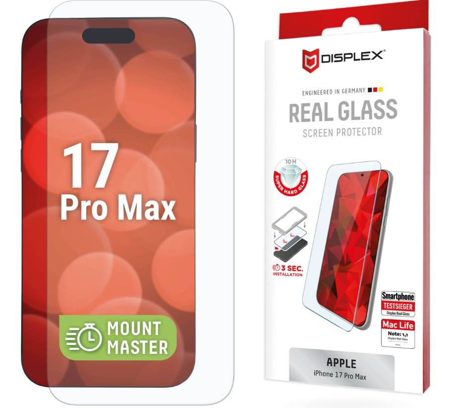 Displayschutzfolie-Verpackung für Apple iPhone 17 Pro Max, zeigt eine rot getönte Telefonvorderseite mit „17 Pro Max