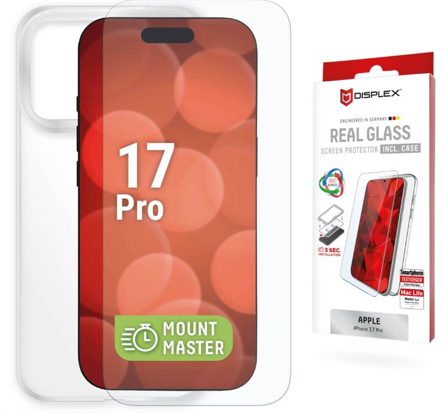 Produktbild einer Displayschutzfolie für iPhone 17 Pro, gezeigt mit einer Schutzhülle und Verpackung mit den Aufschriften „REAL GLASS