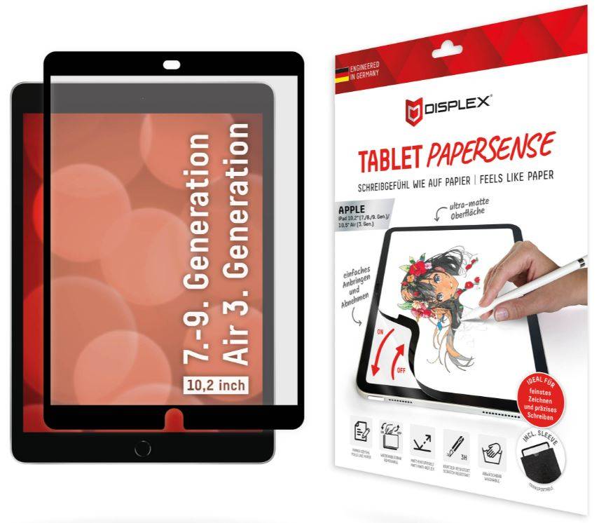 Produktbild, das eine Displayschutzfolie für Tablets für 7,9- und 10,2-Zoll-iPads zeigt, mit Verpackung mit der Bezeichnung „TABLET PAPERSENSE