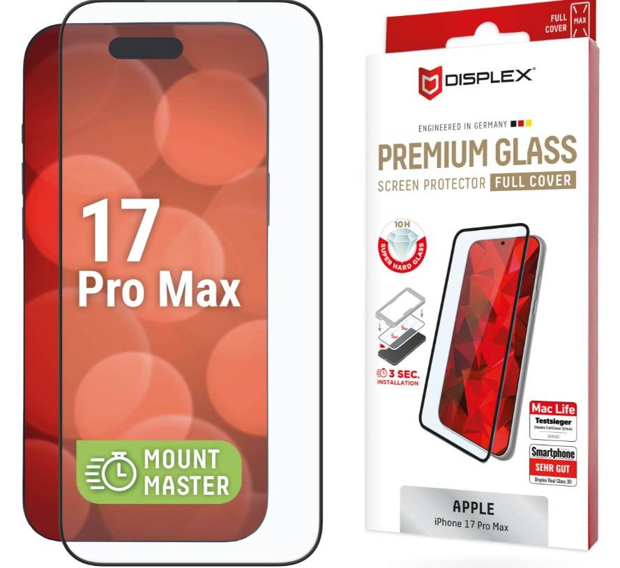 Displex Premium-Glasschutzfolie für Apple iPhone 17 Pro Max, dargestellt mit umfassender Verpackung und Telefonanzeigeillustration.