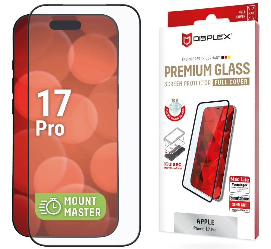 Anzeige eines iPhone 17 Pro mit angebrachtem Displayschutz neben der Verpackung des Displex Premium Glasschutzfilms für Apple iPhone 17 Pro.