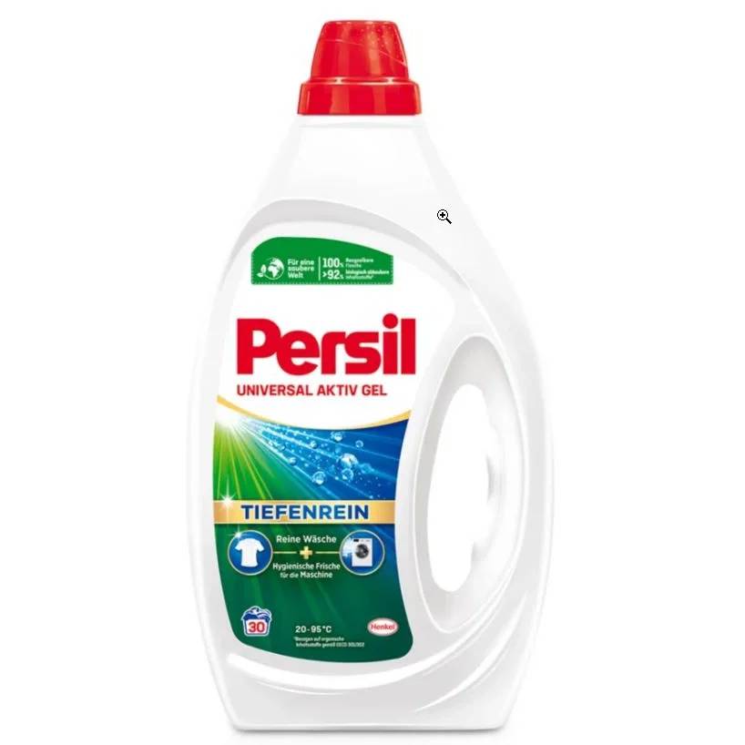 Persil Universal Aktiv Gel Waschmittel Flasche mit rotem Verschluss und Etikett, auf dem 'Tiefenrein' und '20-95°C' zu lesen ist.