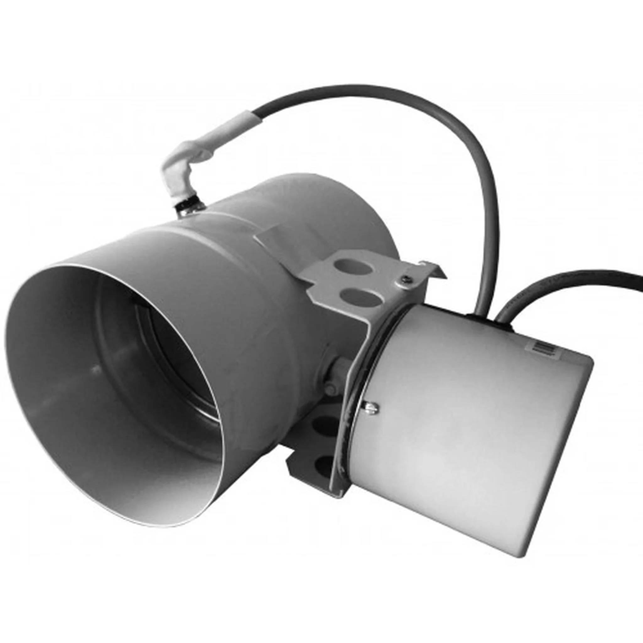 Metallischer zylindrischer Industrieaktuator oder Ventil mit angeschlossenem Kabel, dargestellt auf weißem Hintergrund.