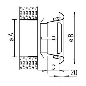 Technische Seitenansicht eines eingebauten zylindrischen Bauteils, gekennzeichnet mit Durchmesser A und B sowie Abmessung C, mit einem Abstand von 20 mm an der Basis.