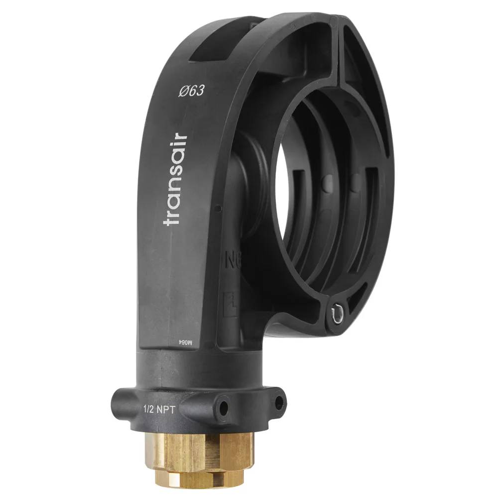 Schwarze Transair-Pneumatikarmatur mit 90-Grad-Winkel, Messingbasis mit 1/2 NPT-Gewinde und 63-mm-Markierung, auf weißem Hintergrund abgebildet.