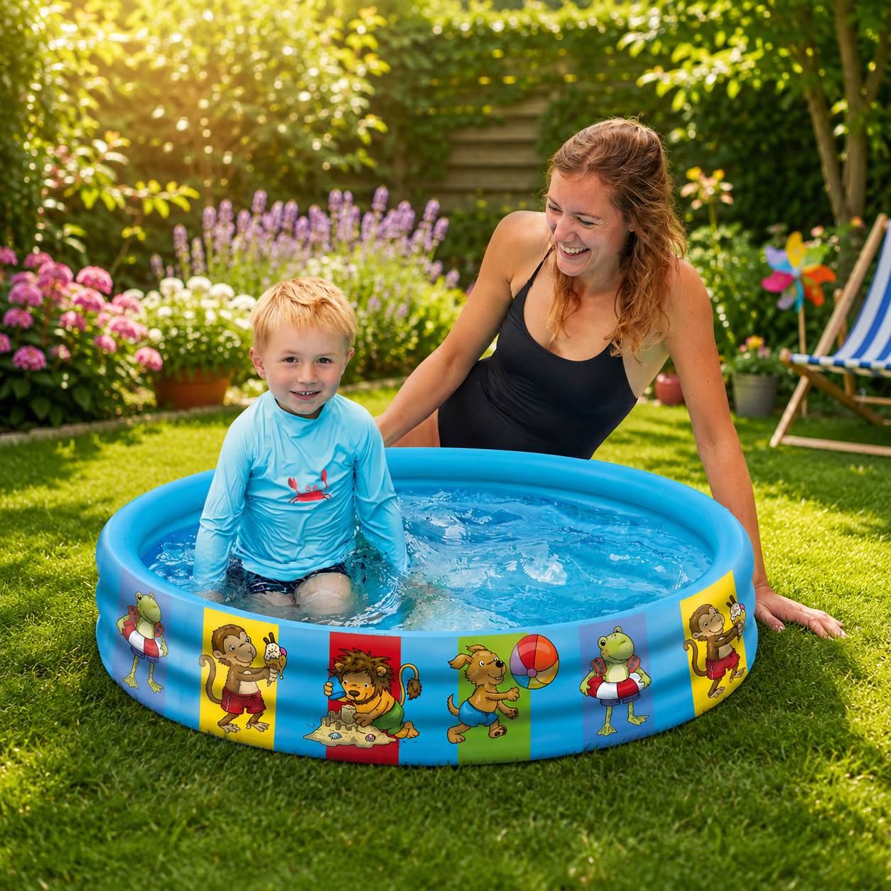 Happy People Planschbecken Summer Friends 100 x 23 cm, aufblasbarer 3-Ring Kinderpool für Garten und Sommer
