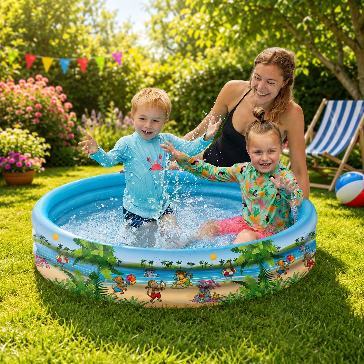 Happy People Planschbecken Summer Friends 122 x 23 cm, aufblasbarer 3-Ring Kinderpool für Garten und Sommer