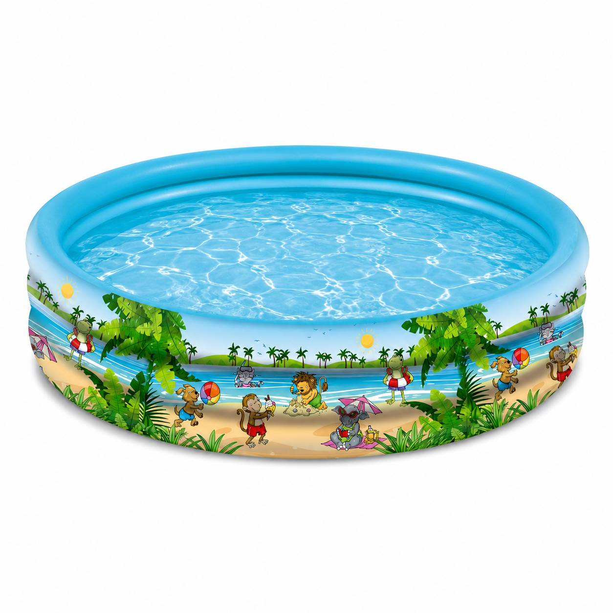Aufblasbare runde Kinderbadewanne mit blauem Wasser und tropischem Strandmotiv-Cartoon-Druck an den Seiten.