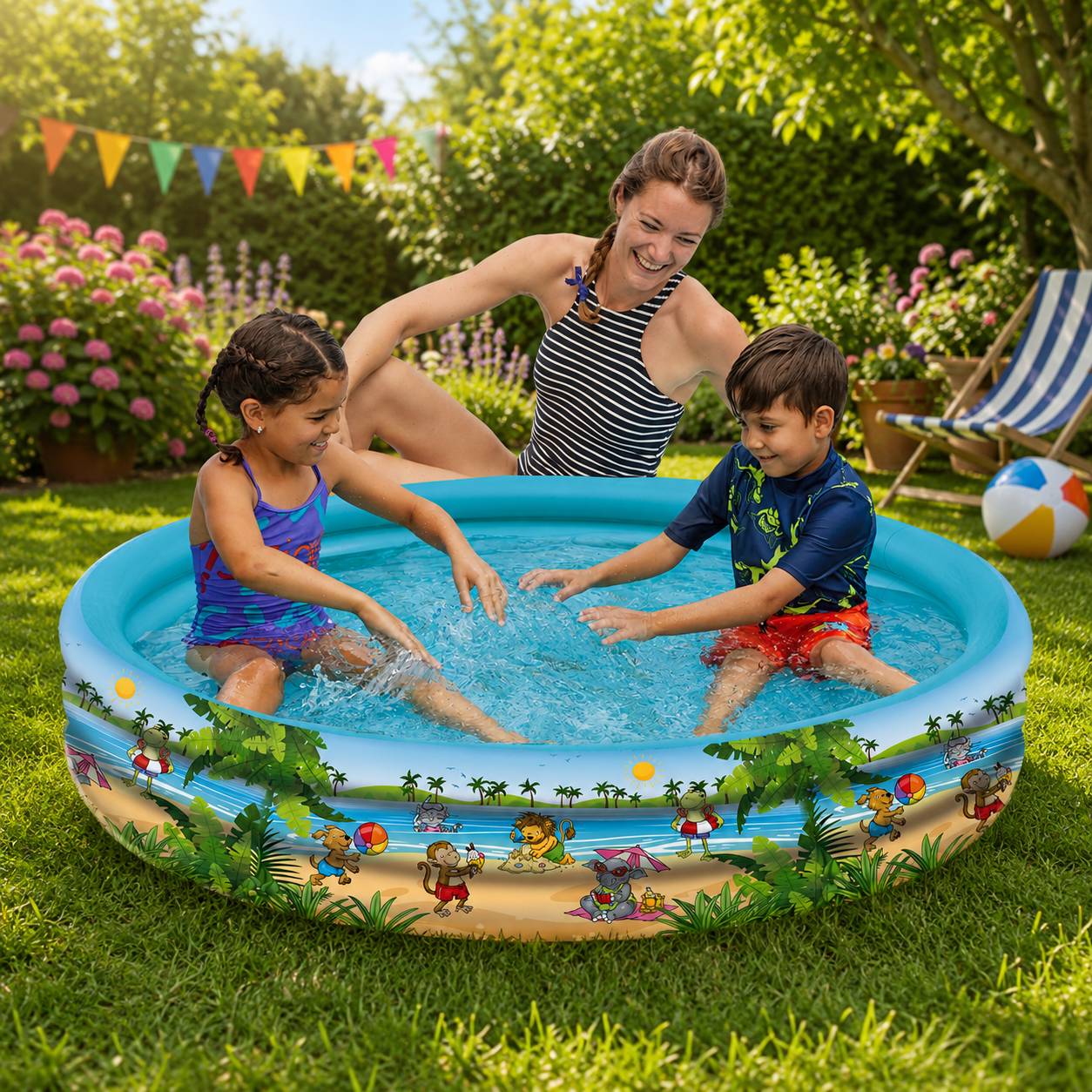 Frau und zwei Kinder spielen an einem sonnigen Tag in einem kleinen aufblasbaren Pool in einem Garten, spritzen Wasser, mit Wimpelketten und einem gestreiften Stuhl im Hintergrund.