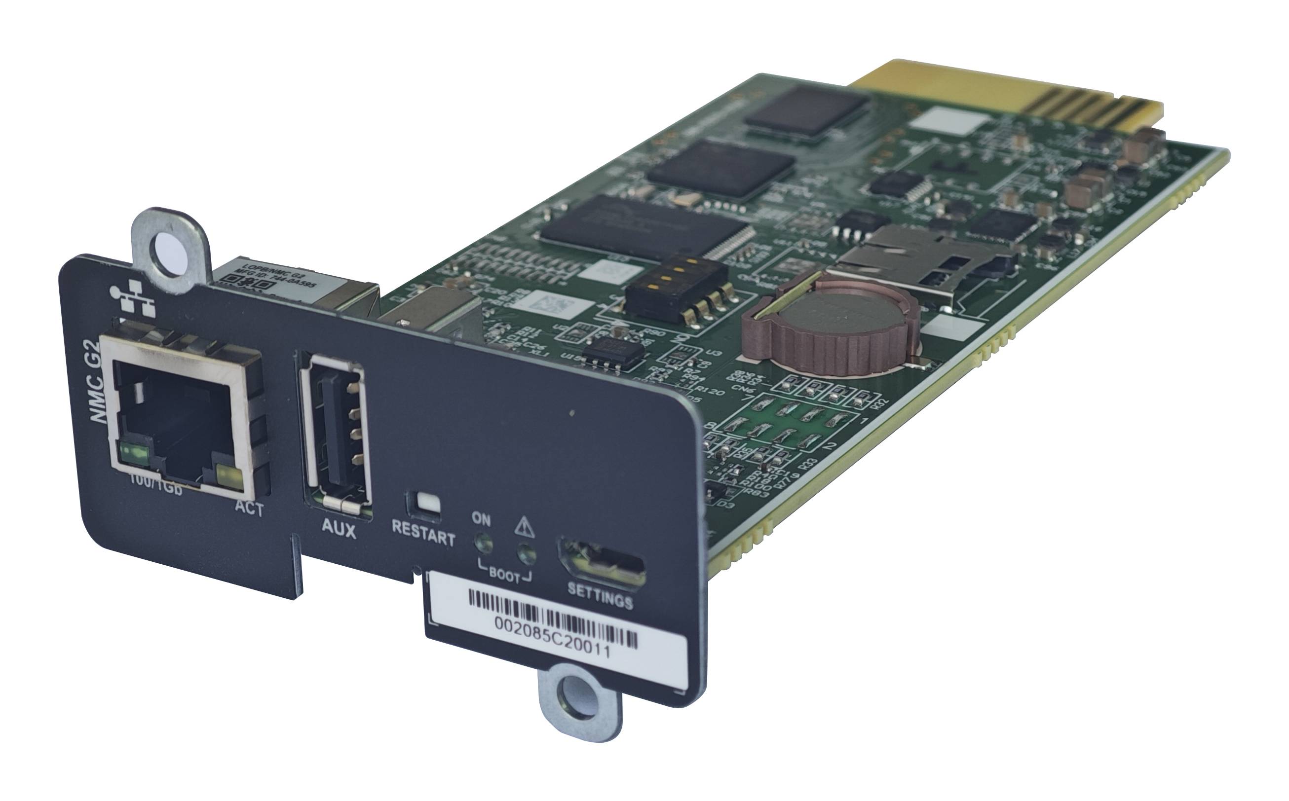 Vorderansicht eines Cisco-Netzwerkschnittstellenkartenmoduls mit RJ-45- und AUX-Anschlüssen, Resetknopf und grünem Schaltkreisbrett auf weißem Hintergrund.