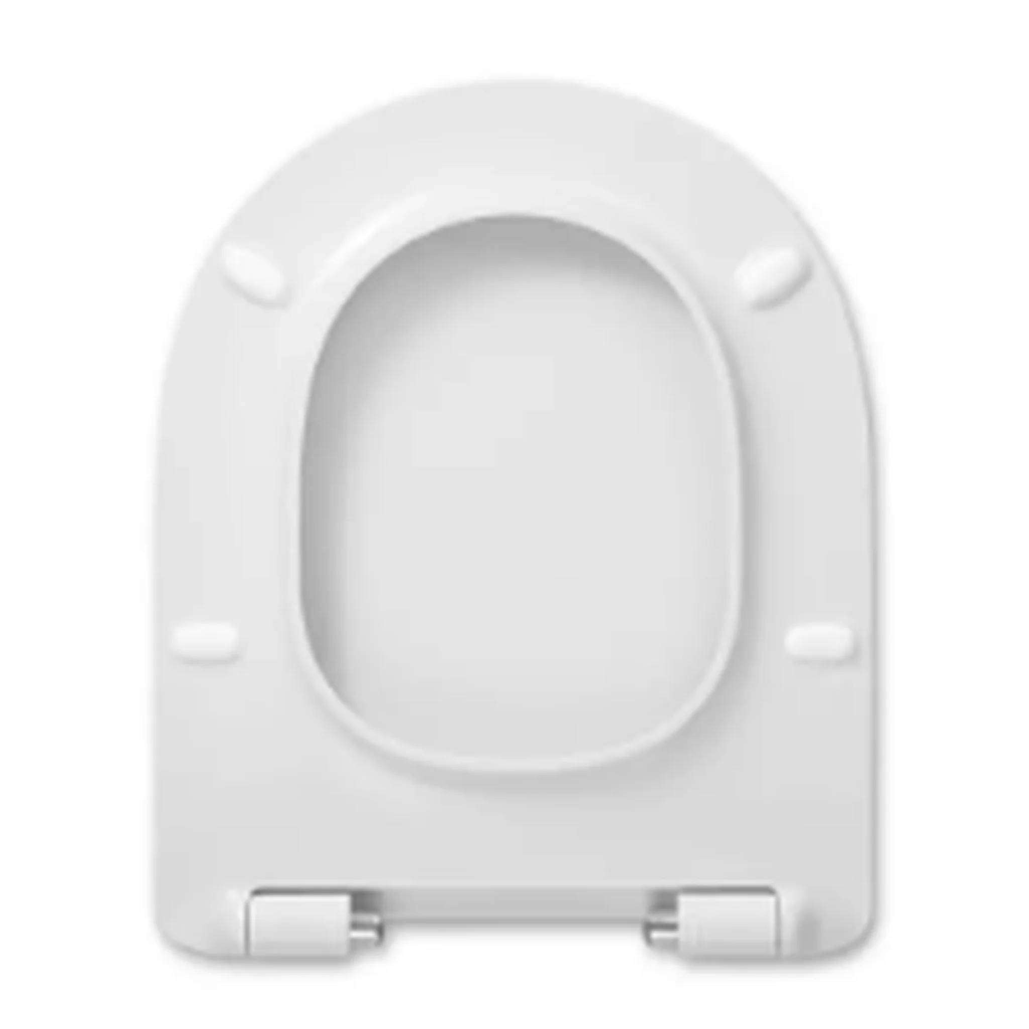 Weiße Toilettensitzbrille von oben betrachtet, mit geschlossenem Deckel und sichtbaren Scharnieren am unteren Ende.