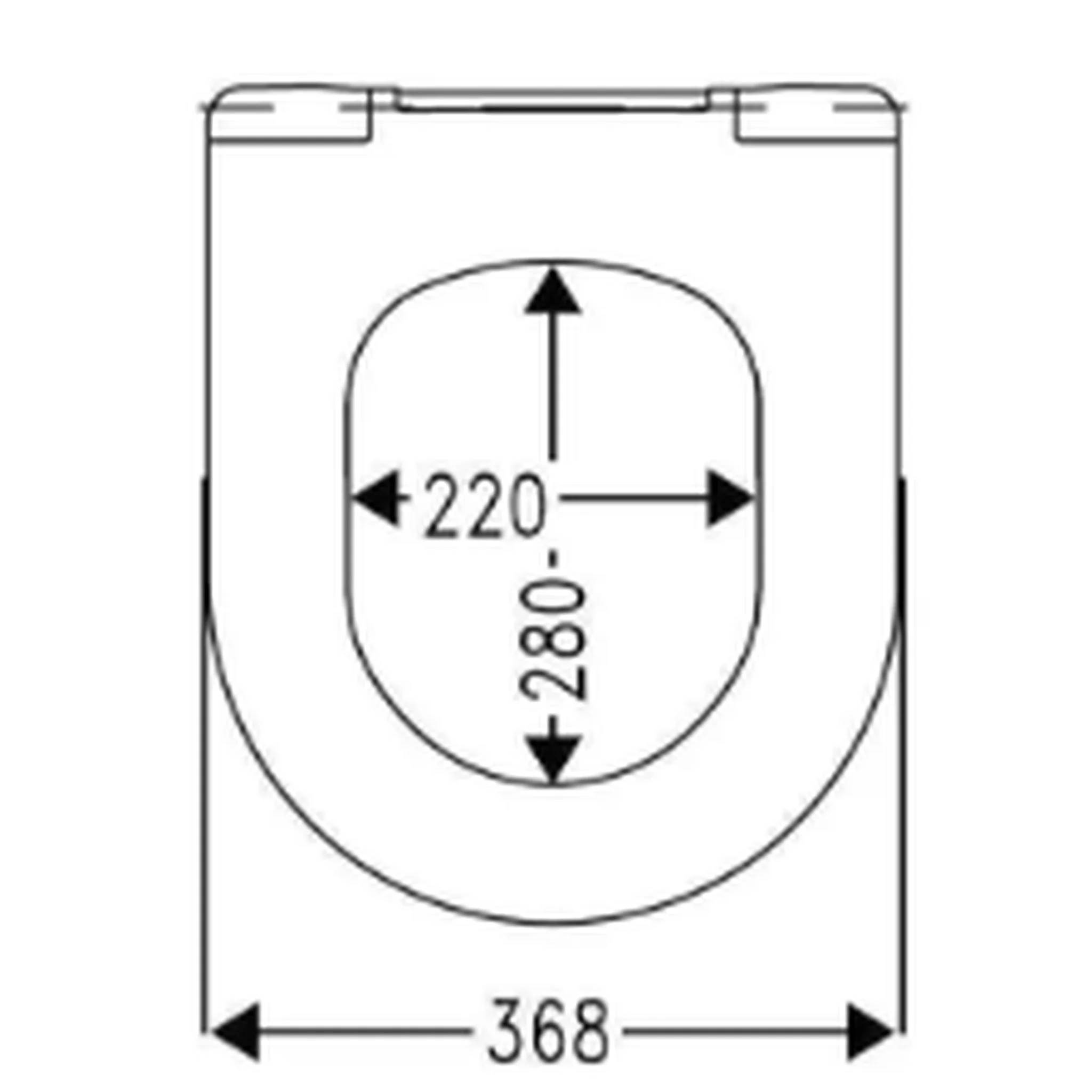 Diagramm eines Toilettensitzes mit Abmessungen: 368 mm breit, 280 mm lang und 220 mm innere Öffnungsbreite.
