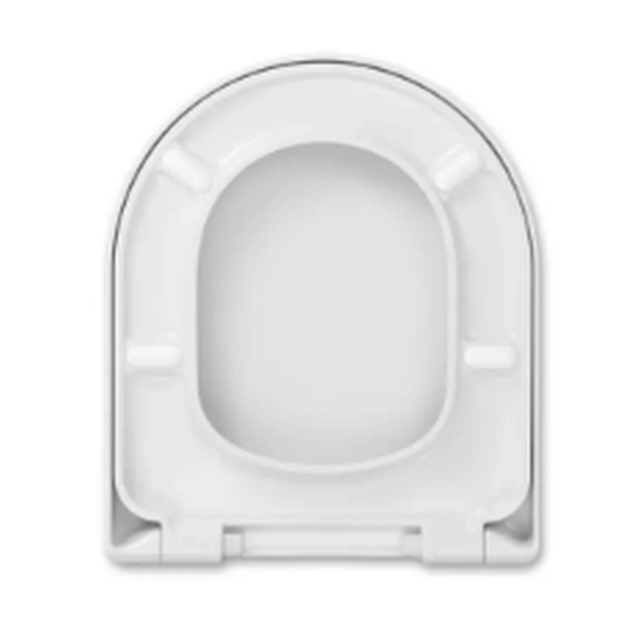 Weißer Kunststoff-Toilettensitz von oben auf einem einfachen Hintergrund betrachtet.