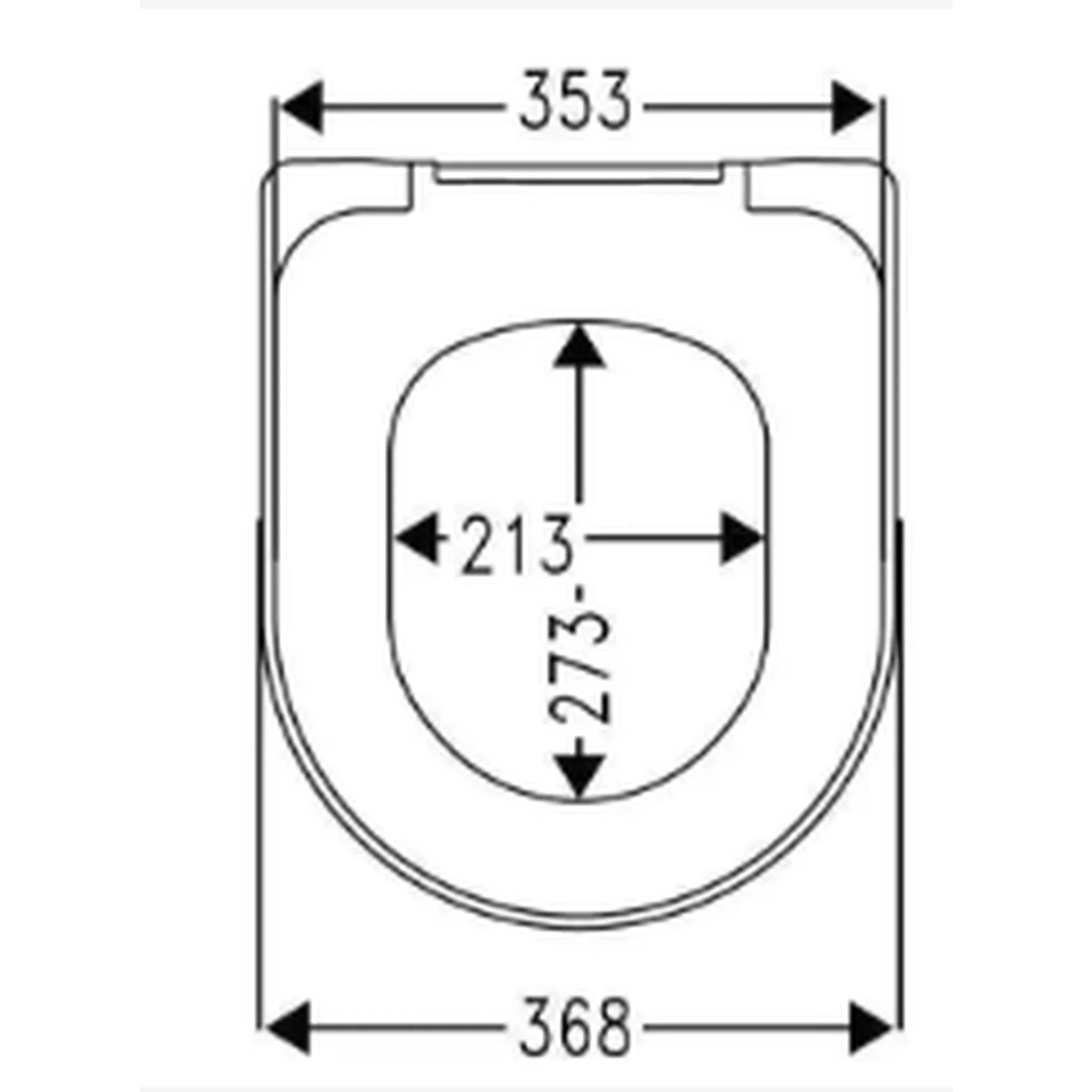 Technische Zeichnung eines Toilettensitzes mit Abmessungen: 353 mm breit oben, 368 mm breit insgesamt, und innere Öffnung 213 mm mal 273 mm.