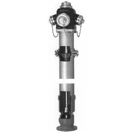 Hydrant mit abnehmbarer oberirdischer Kappe und unterirdischer Basiseinheit, dargestellt in einer aufgespalteten technischen Illustration.