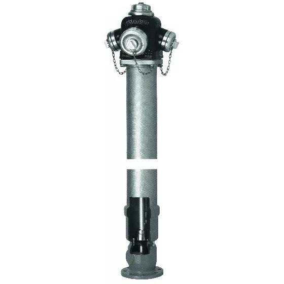 Ein silberner Feuerhydrant-Steigrohr mit schwarzer Oberkrone und Seitauslässen, isoliert auf weißem Hintergrund.