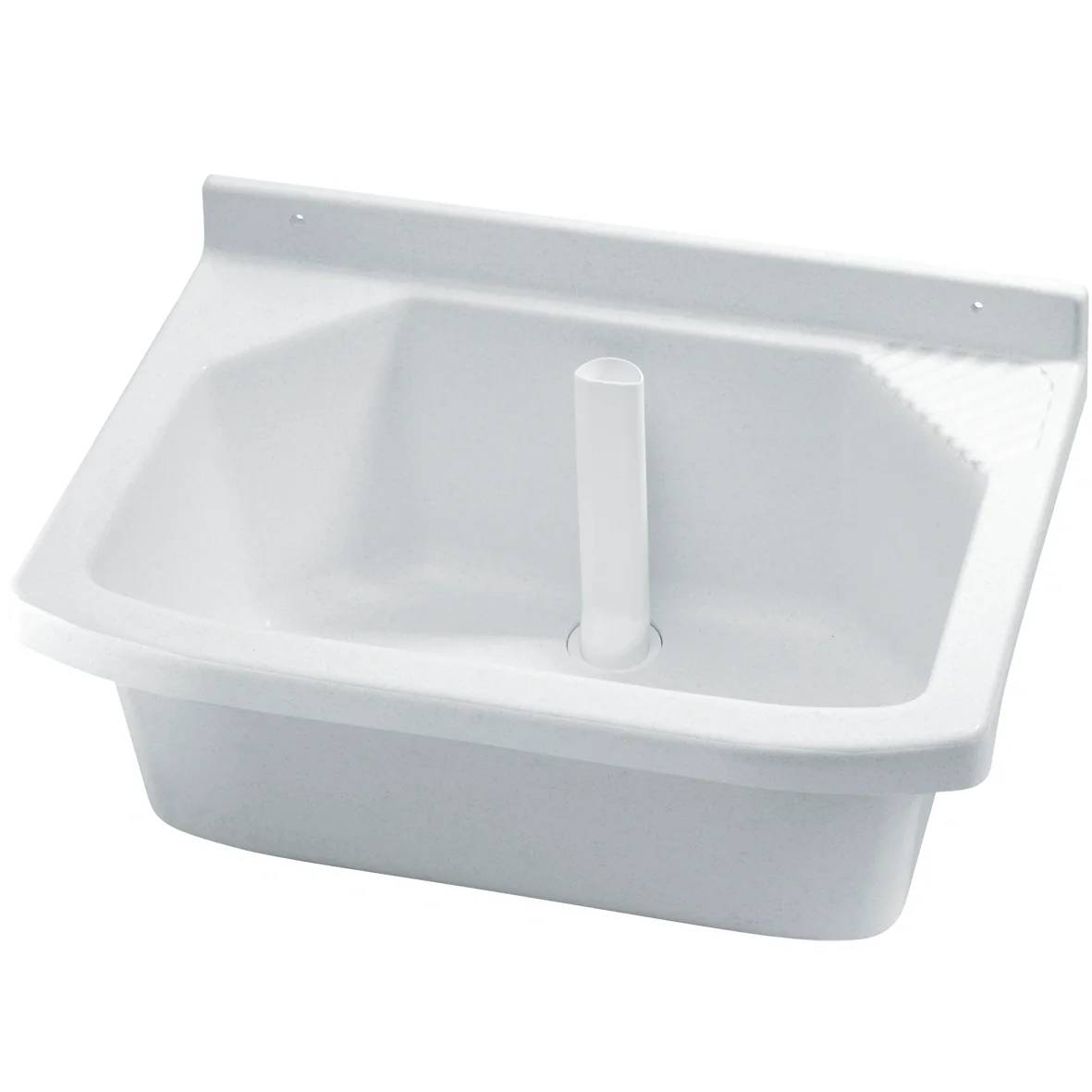 Weiße Wäschewaschbecken-Nutzspüle mit hohem Spritzschutz und zentralem Ablaufrohr, freigestellt auf weißem Hintergrund.