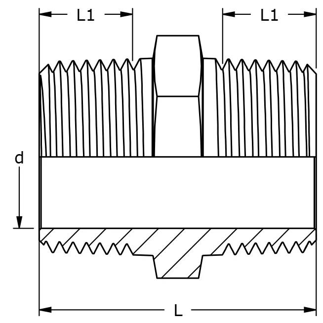 Technisches Diagramm einer Gewindeverbindung: zwei Gewindeenden, die durch ein zentrales Sechskantfitting verbunden sind, mit den Abmessungen L1 auf beiden Seiten, Gesamtlänge L und Durchmesser d.