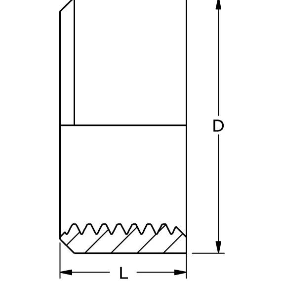 Technischer Querschnitt eines Gewindezylinderteils, beschriftet mit der Dimension D für die Höhe und L für den Durchmesser/die Länge.