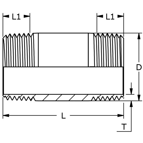 Technische Zeichnung eines gestuften Zylinders mit Gewinde an den Enden, wobei die Abmessungen L1 an beiden Enden, die Gesamtlänge L, der Durchmesser D und die Dicke T dargestellt sind.