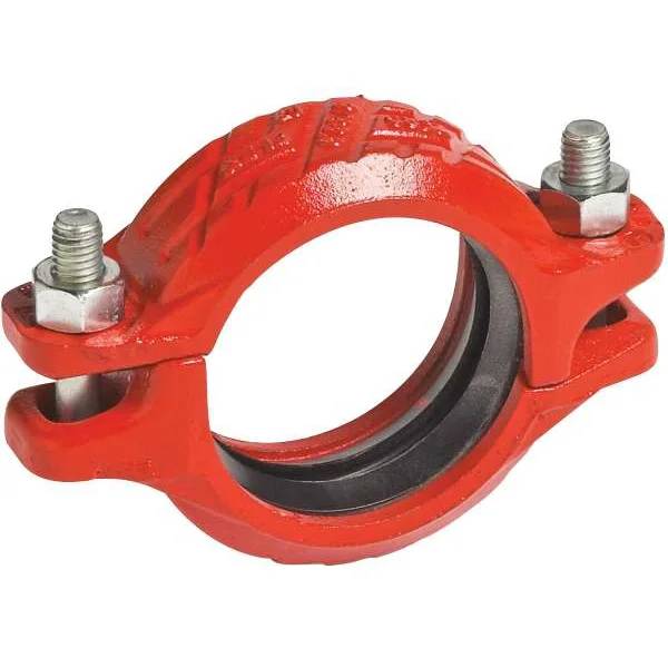 Rote Metallrohrschelle mit zwei Bolzen und einer schwarzen Gummibeschichtung auf weißem Hintergrund.
