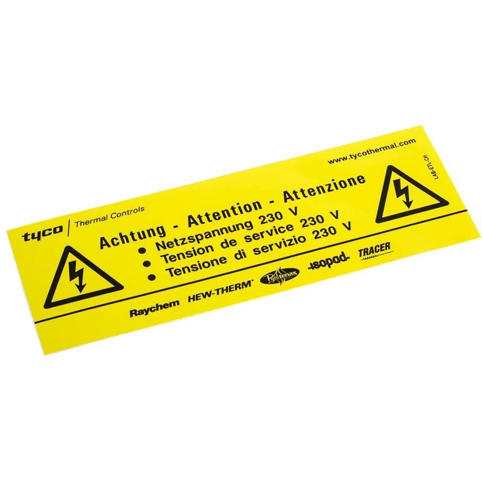 # Gelbes Elektrowarnschild mit Hochspannungssymbolen und mehrsprachigem Text: 