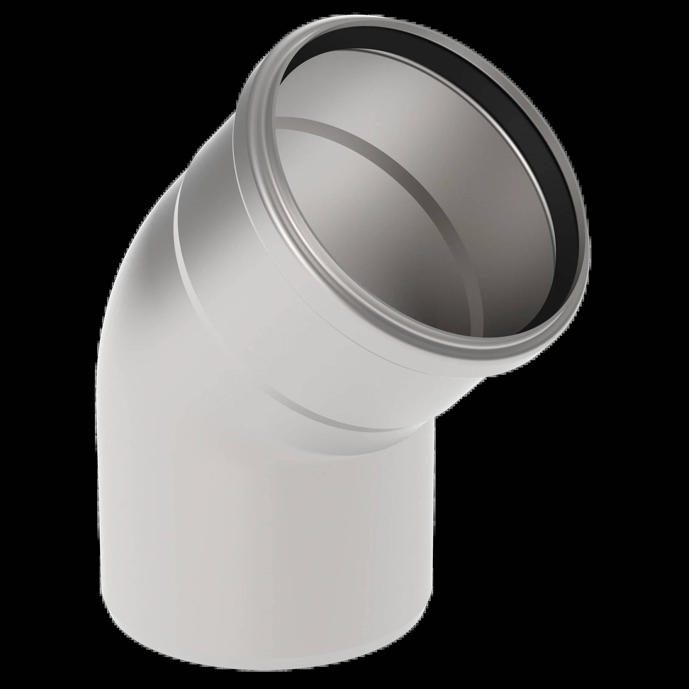 Weißes PVC-Rohrbogen-Fitting mit 45-Grad-Winkel und gummidichtetem Ende, dargestellt vor schwarzem Hintergrund.