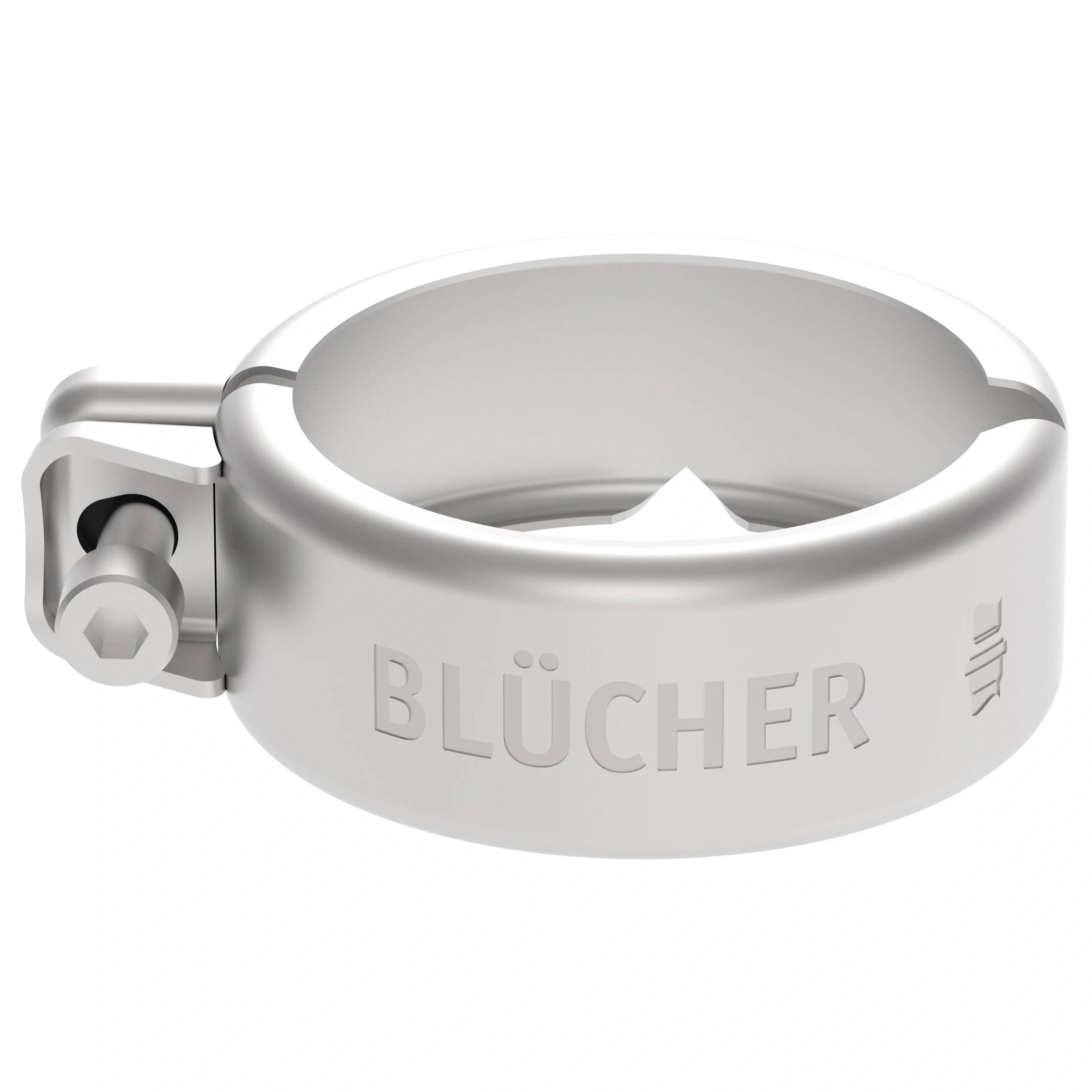 Silbermetall-Rohrschelle mit Schraubverschluss, geprägte 'BLÜCHER'-Beschriftung, auf weißem Hintergrund abgebildet.