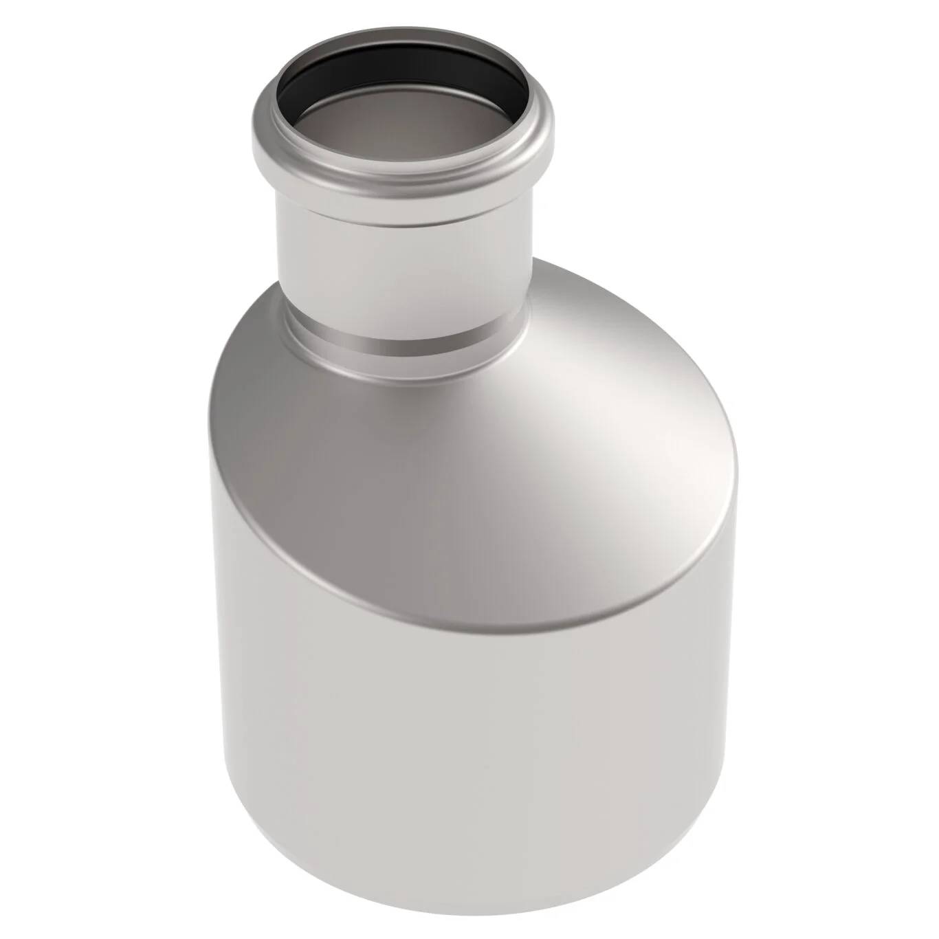 Eine silberne Metallflasche mit schmalem Hals und breitem zylindrischem Körper, isoliert auf weißem Hintergrund dargestellt.