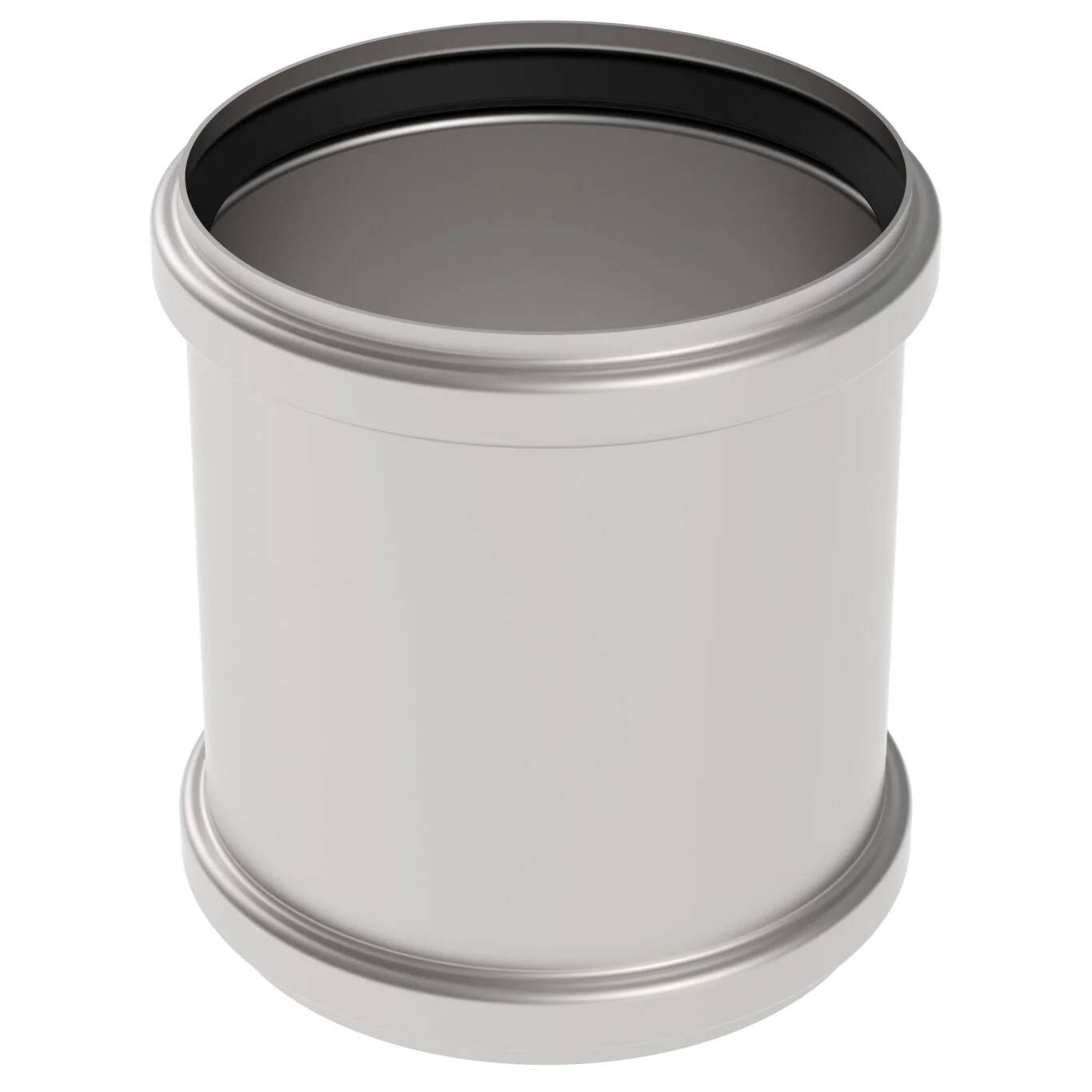 Leere weiße zylindrische Metalldose mit offener Oberseite und schwarzem inneren Rand, isoliert auf weißem Hintergrund dargestellt.