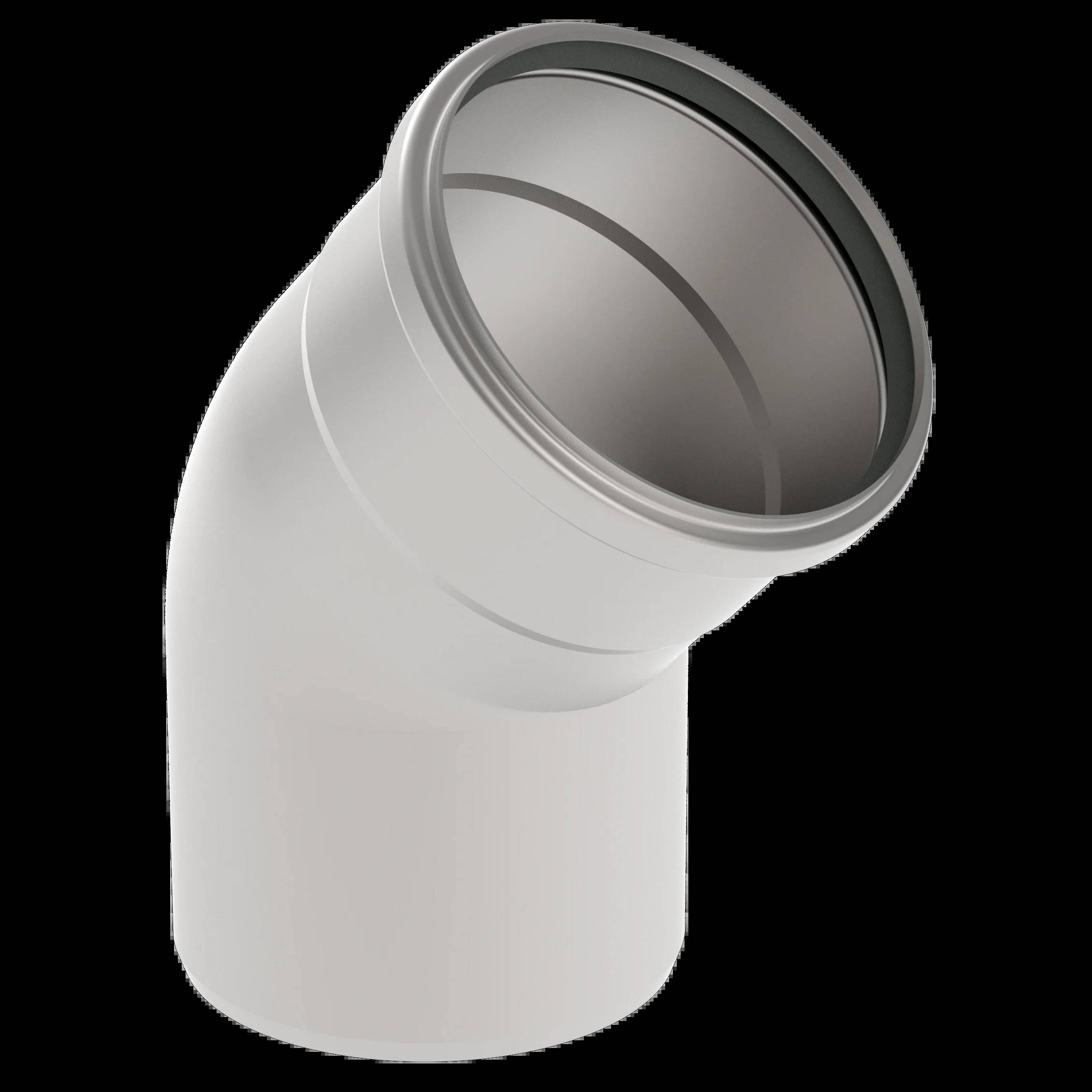 Weißes 45-Grad-PVC-Rohrbogen-Fitting auf schwarzem Hintergrund, in 3D dargestellt.