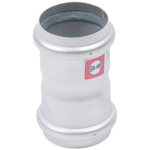 Weißer zylindrischer Metallrohrverbinder mit flanschigen Enden und einem kleinen roten Etikett auf der Seite.