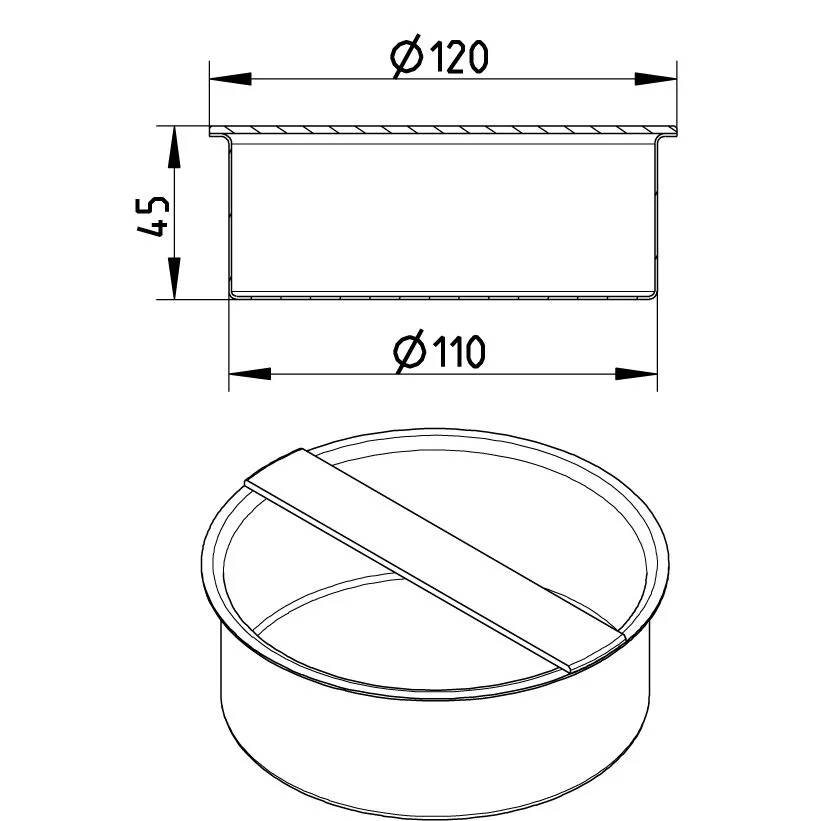 Technische Zeichnung eines zylindrischen Teils: Oberer Durchmesser 120, unterer Durchmesser 110, Höhe 45, mit einer isometrischen Ansicht, die einen kreisförmigen Flansch und eine diagonale Aussteifung zeigt.