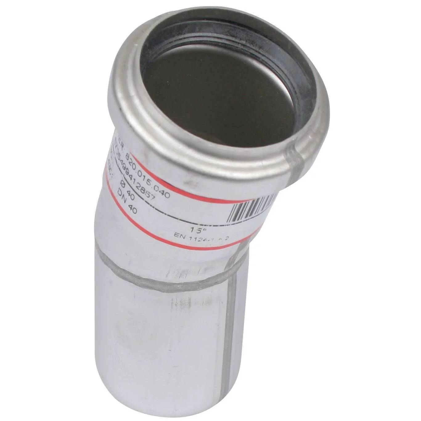 Silbernes Metallrohrfitting-Adapter mit breiter Öffnung oben und gedrucktem Etikett, dargestellt auf weißem Hintergrund.