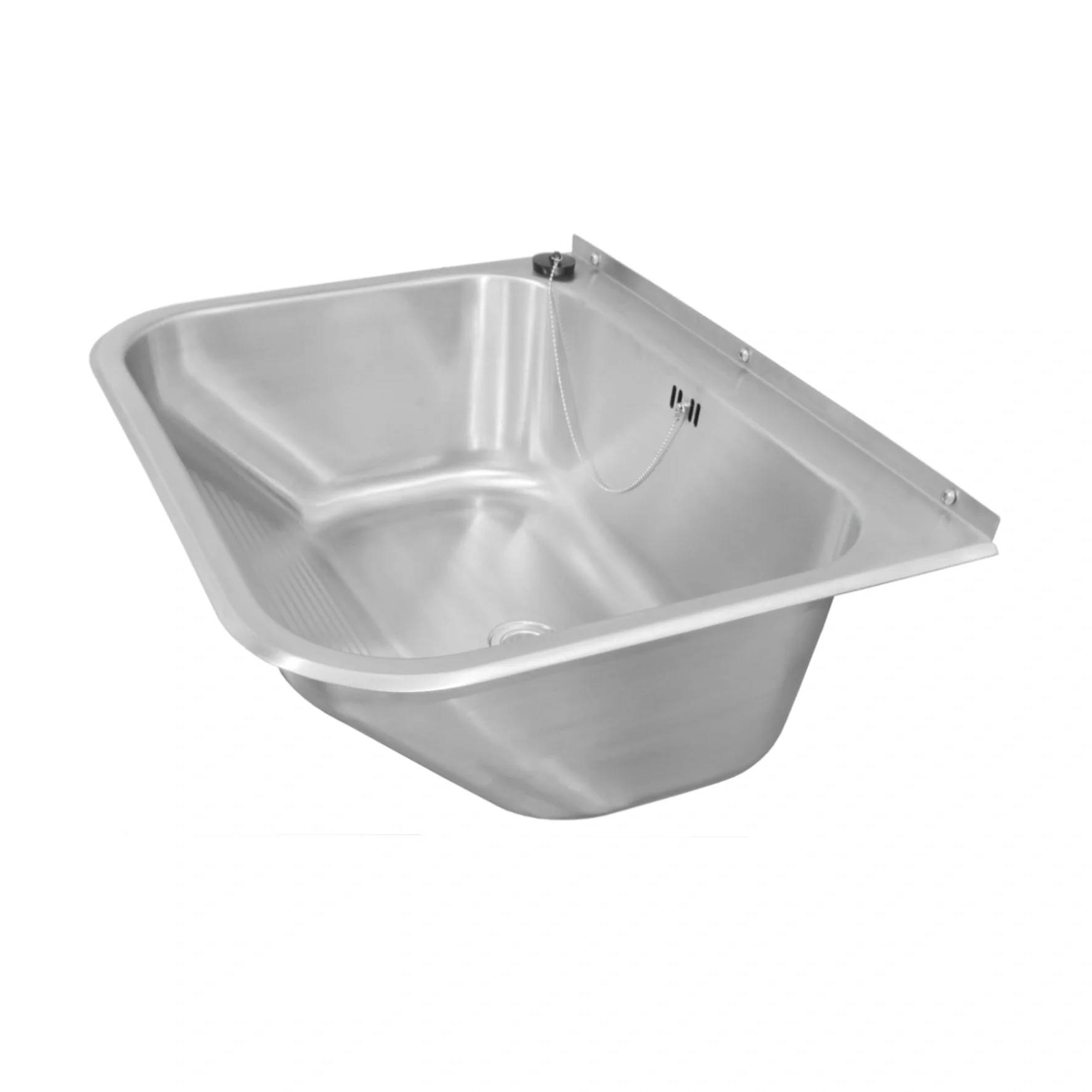 Edelstahlspülbecken mit tiefem Becken und breitem Rand, dargestellt auf weißem Hintergrund.